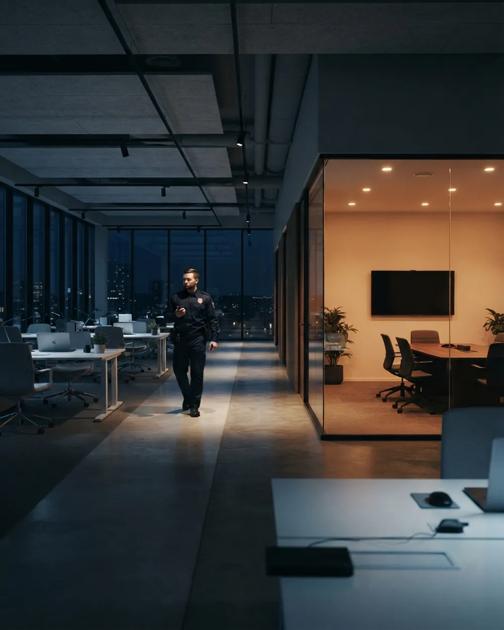 Commercial office corridor patrolled by security at night, secured by Irabelle