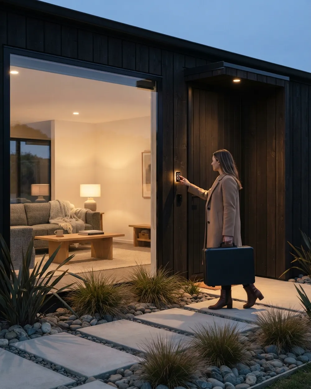 Guest checking into a short-stay property with an Irabelle smart keypad at twilight