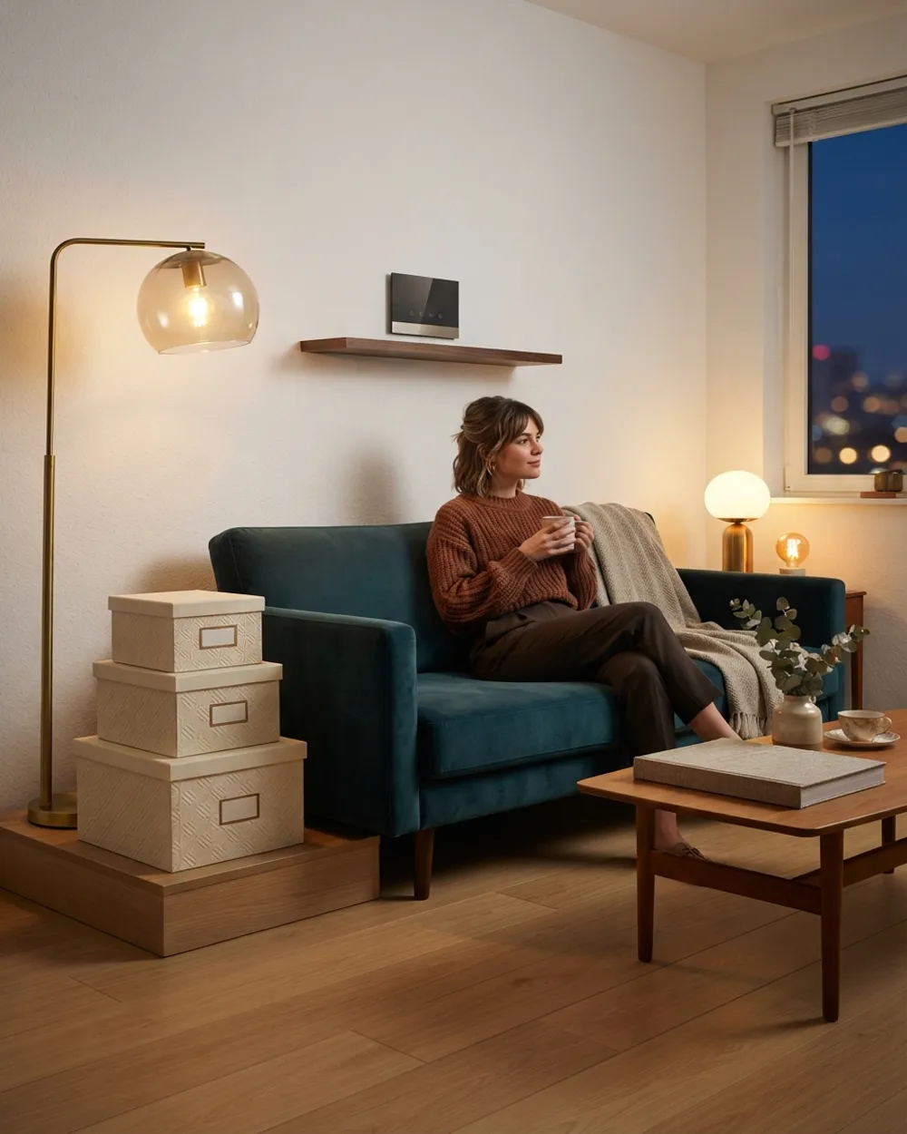Renter relaxing in a cosy apartment with the Irabelle wall panel